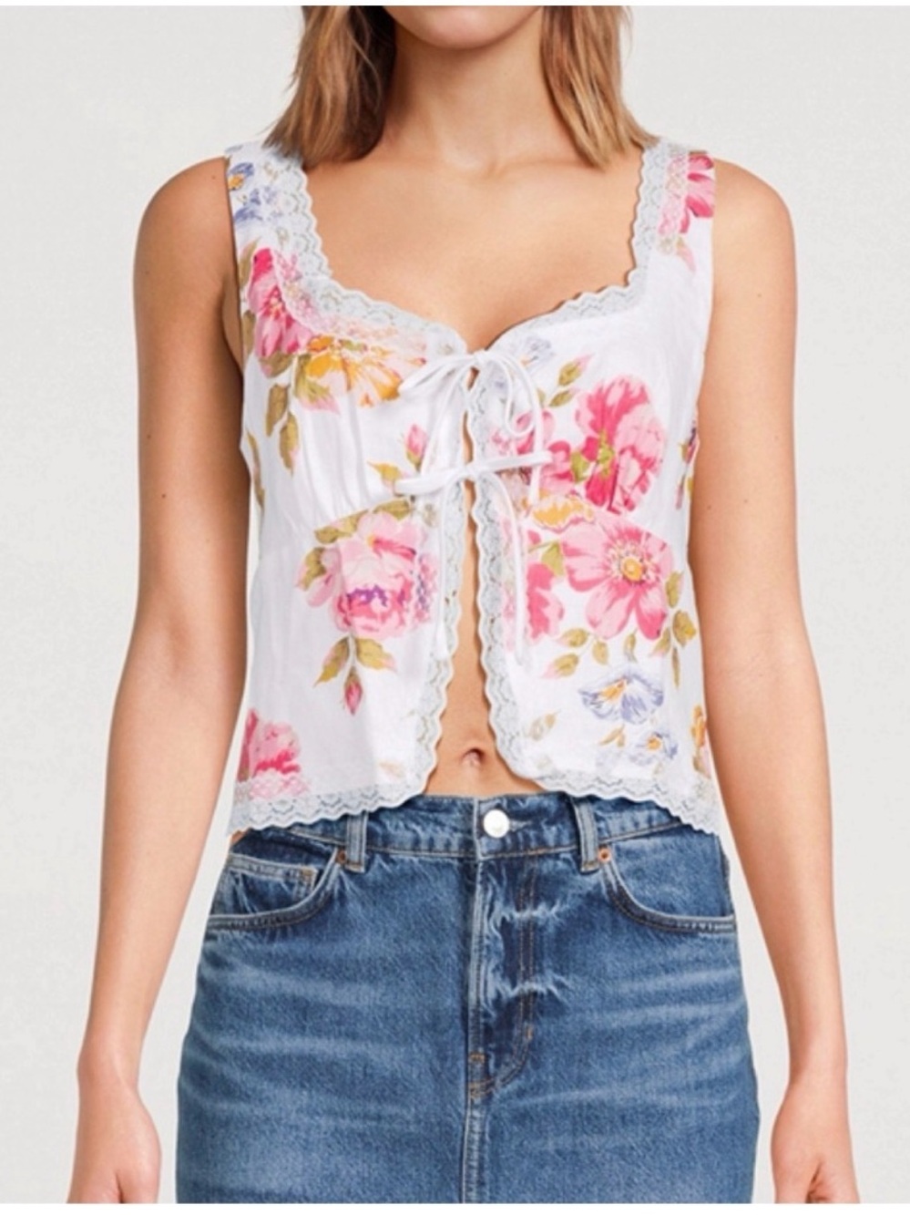 Reformation Rosalie White Floral Lace-Trim Tie Front Camisole